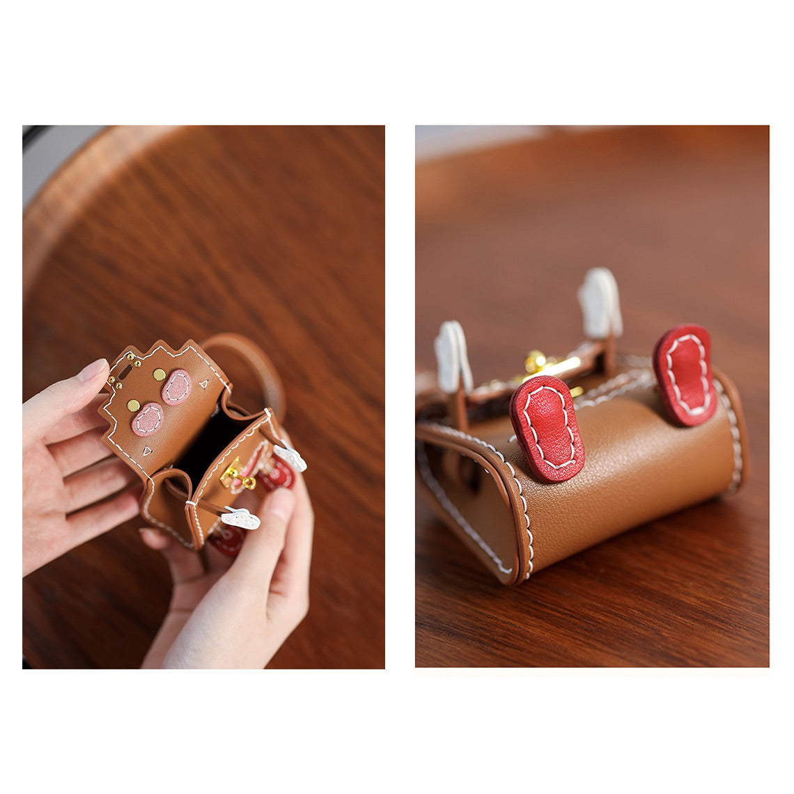 Handsewn Leather Mini Top Handle Bag Charm Keychain in Brown detail image 5