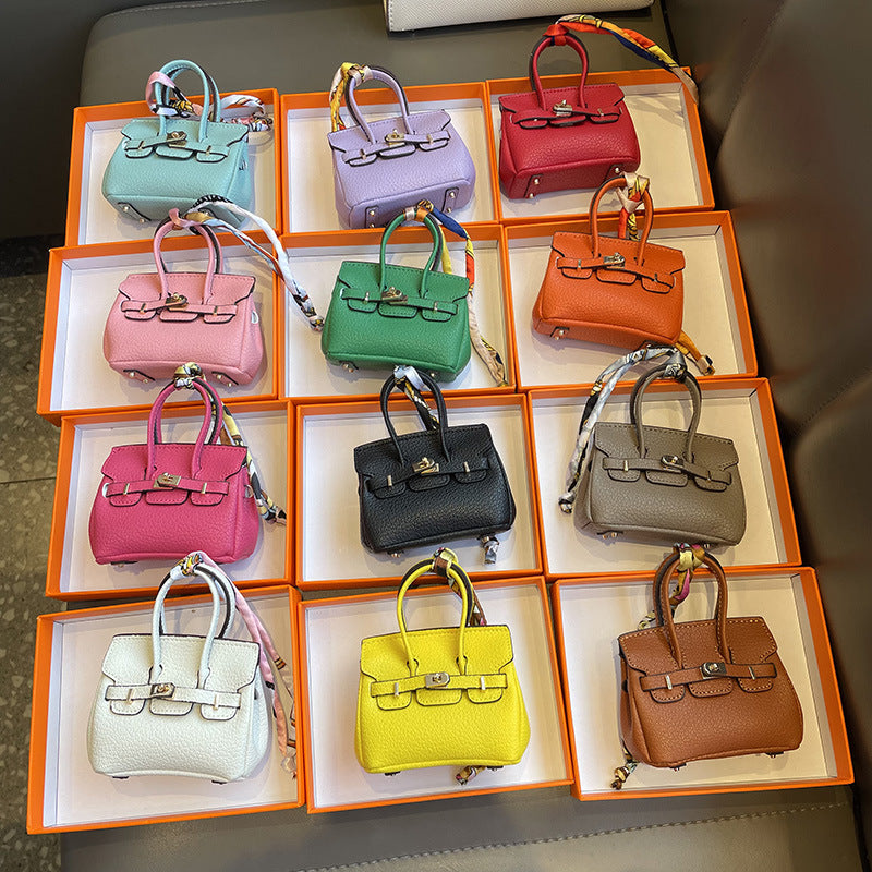 Mini Top Handle Bag Charm Keychain with Earphone Case, PU Leather, 8cm Wide, 25 Colors detail image 1