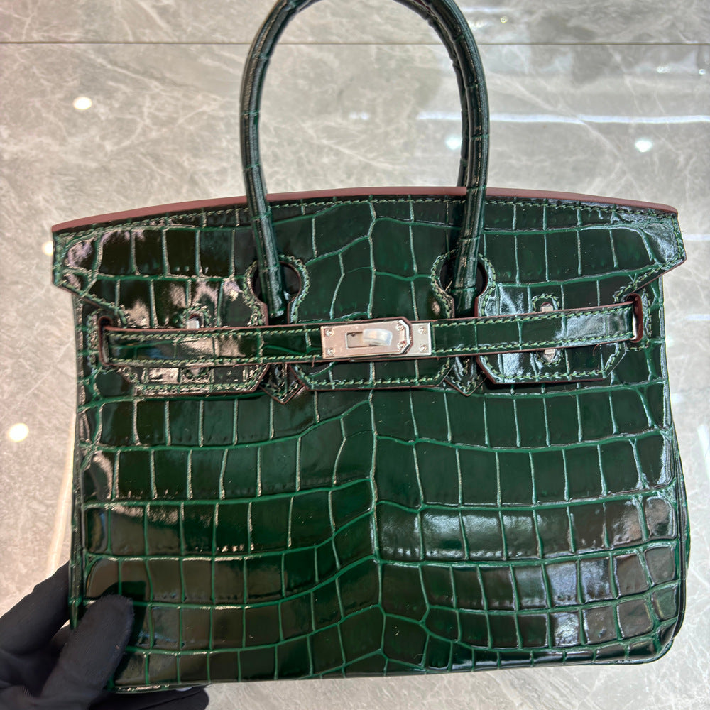 Crocodile Pattern Glossy Leather Handbag with Detachable Strap detail image 10