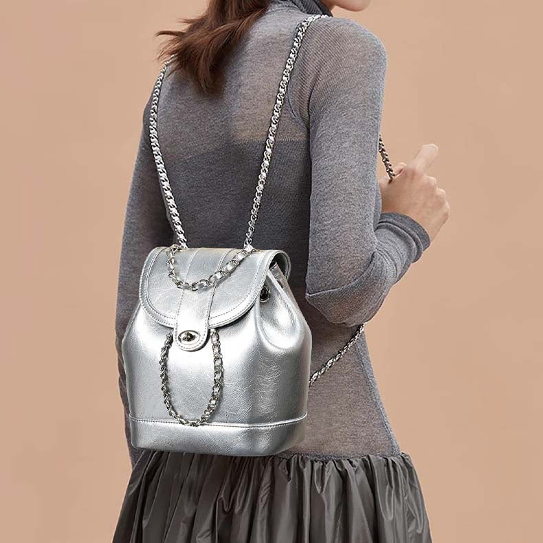 Urban Minimalist Split Cowhide Leather Chain Bag – Silver, Black, Cream White, Black & Cream White detail image 1
