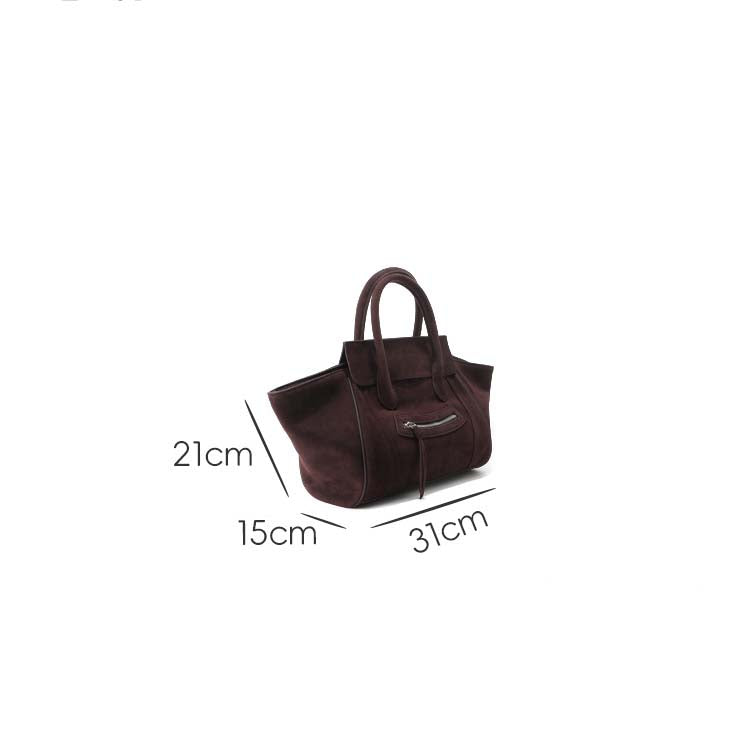 Large Suede Winged Handbag with Smile Zipper – Coffee, Brown, Dark Brown, Black, Wine Red detail image 11