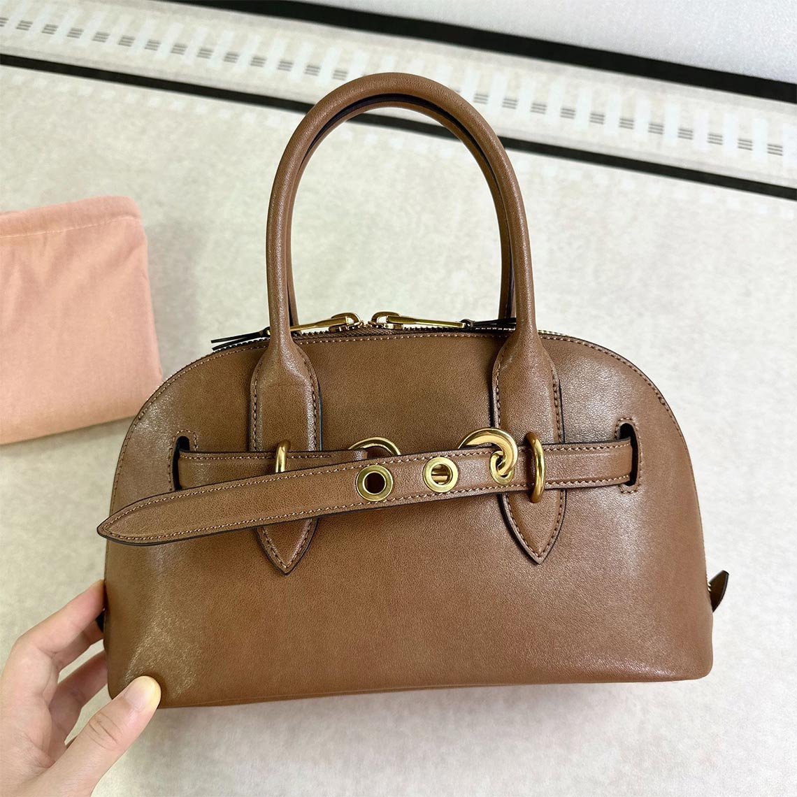 Leather Retro Bowling Top Handle Bag in Black, Saddle Brown, Coffee Brown detail image 2