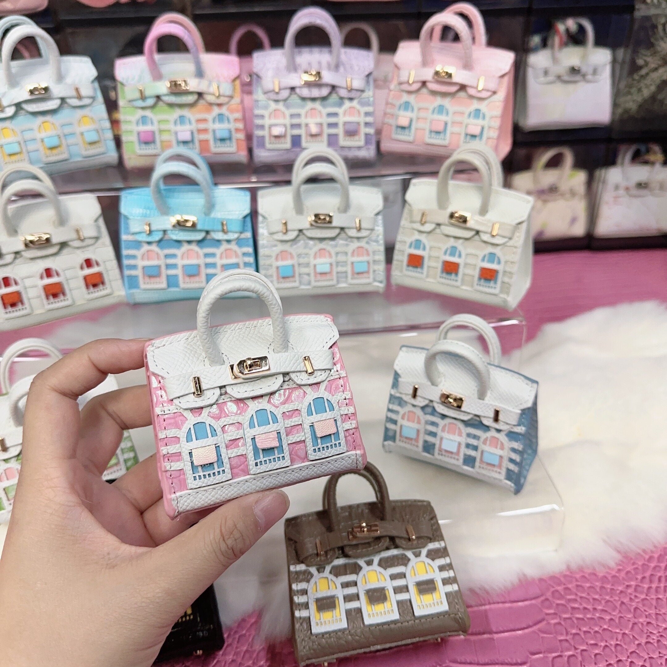 House-Shaped Mini Leather Bag Charm and Keychain in Multicolor Options detail image 6