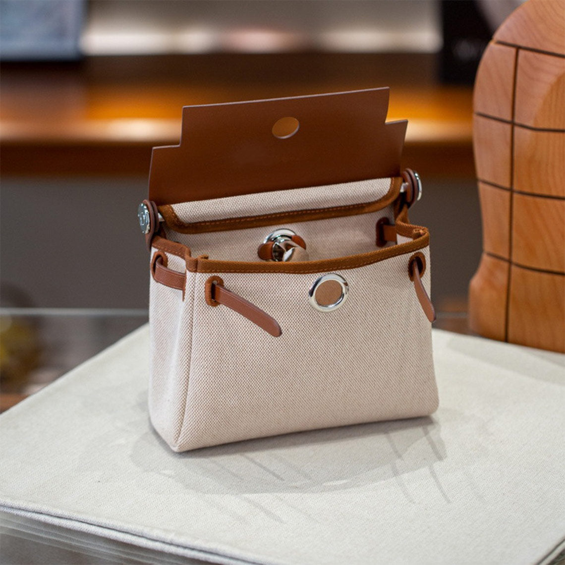 Leather Trim Mini Canvas Tote Shoulder Bag detail image 3