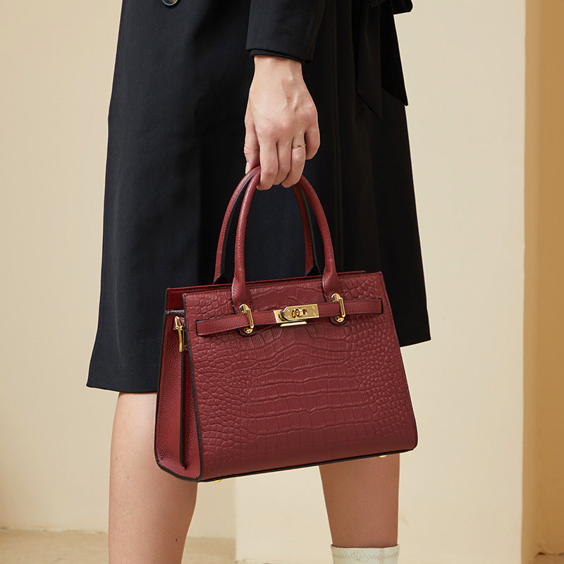 Croc-Embossed Top Grain Leather Tote – 28 cm Structured Handbag with Crossbody Strap detail image 1