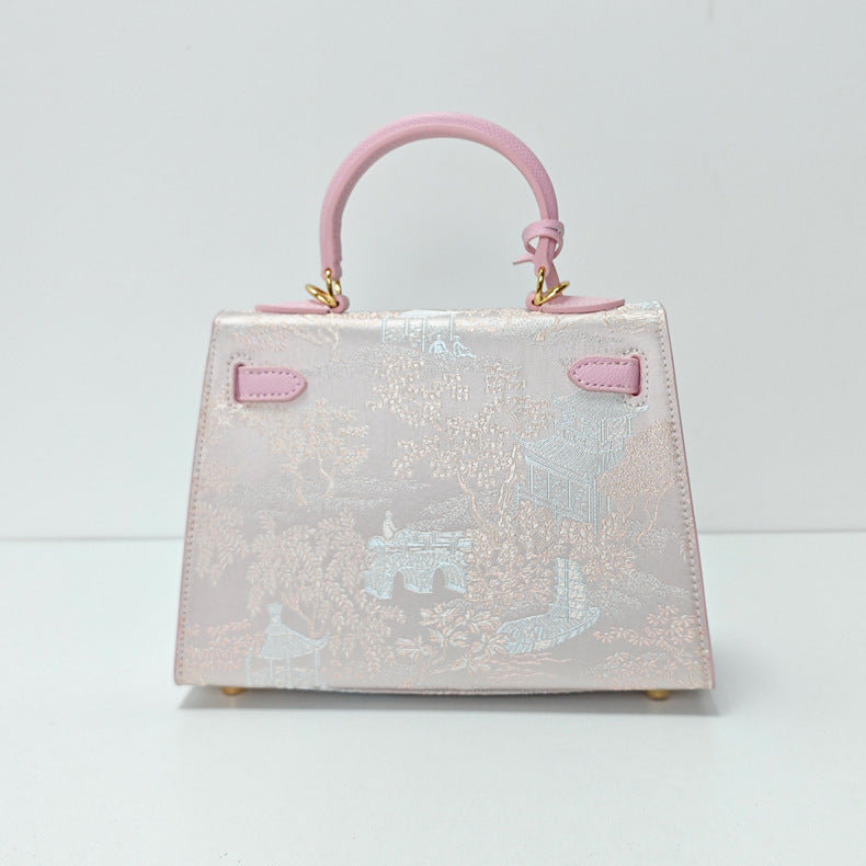 New Chinese Style Song Brocade Top-Handle Bag – Pink / Gold Brown detail image 1