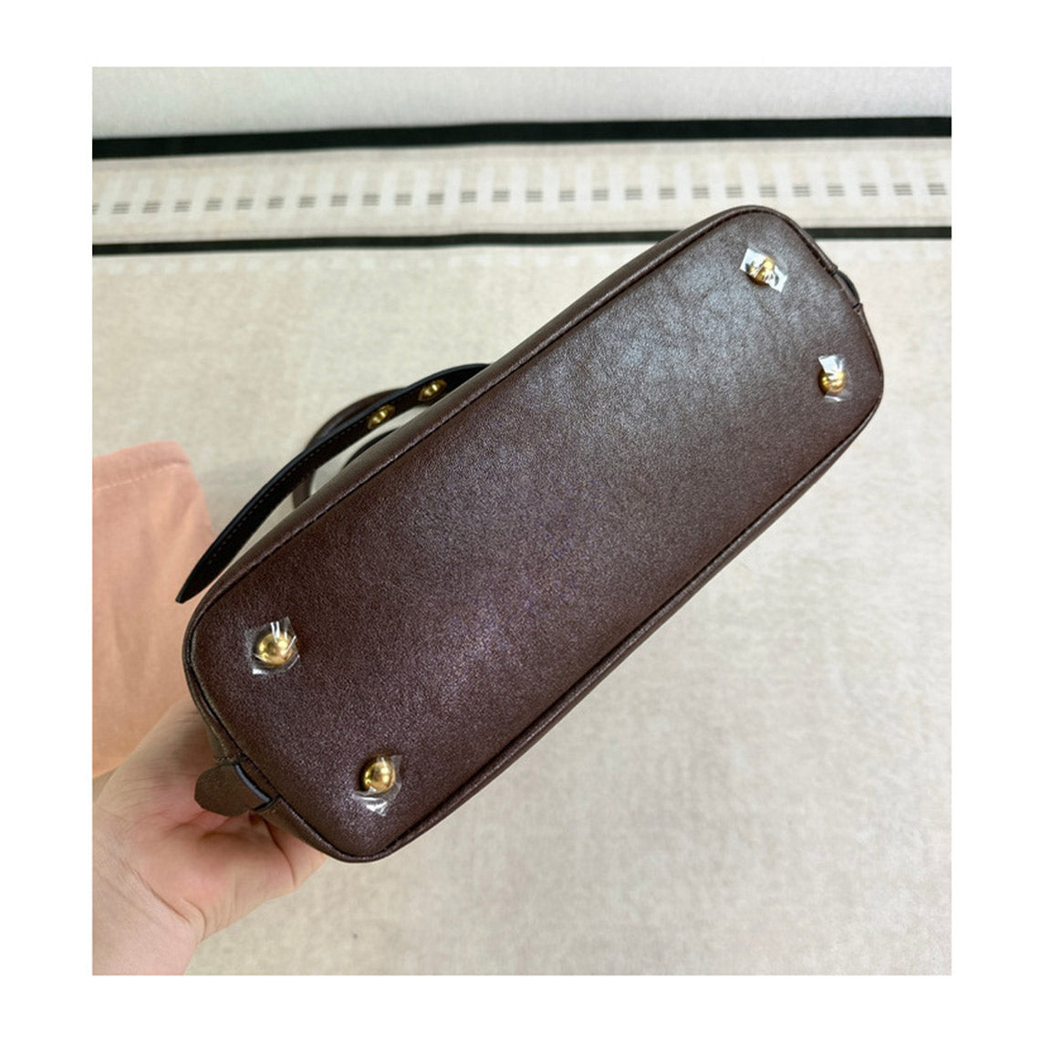 Leather Retro Bowling Top Handle Bag in Black, Saddle Brown, Coffee Brown detail image 10