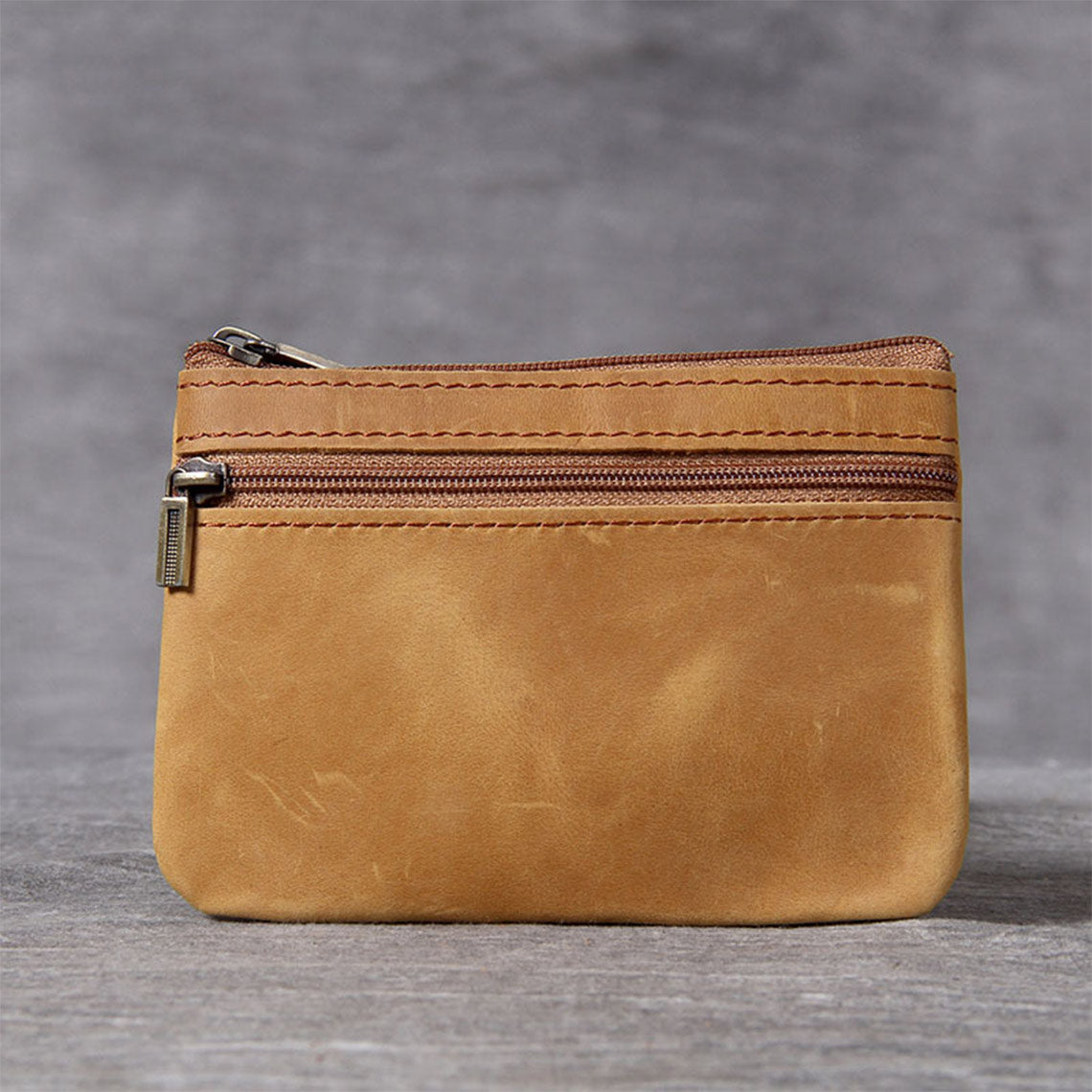 Crazy Horse Leather Small Zip Wallet with Two Zip Pockets detail image 1