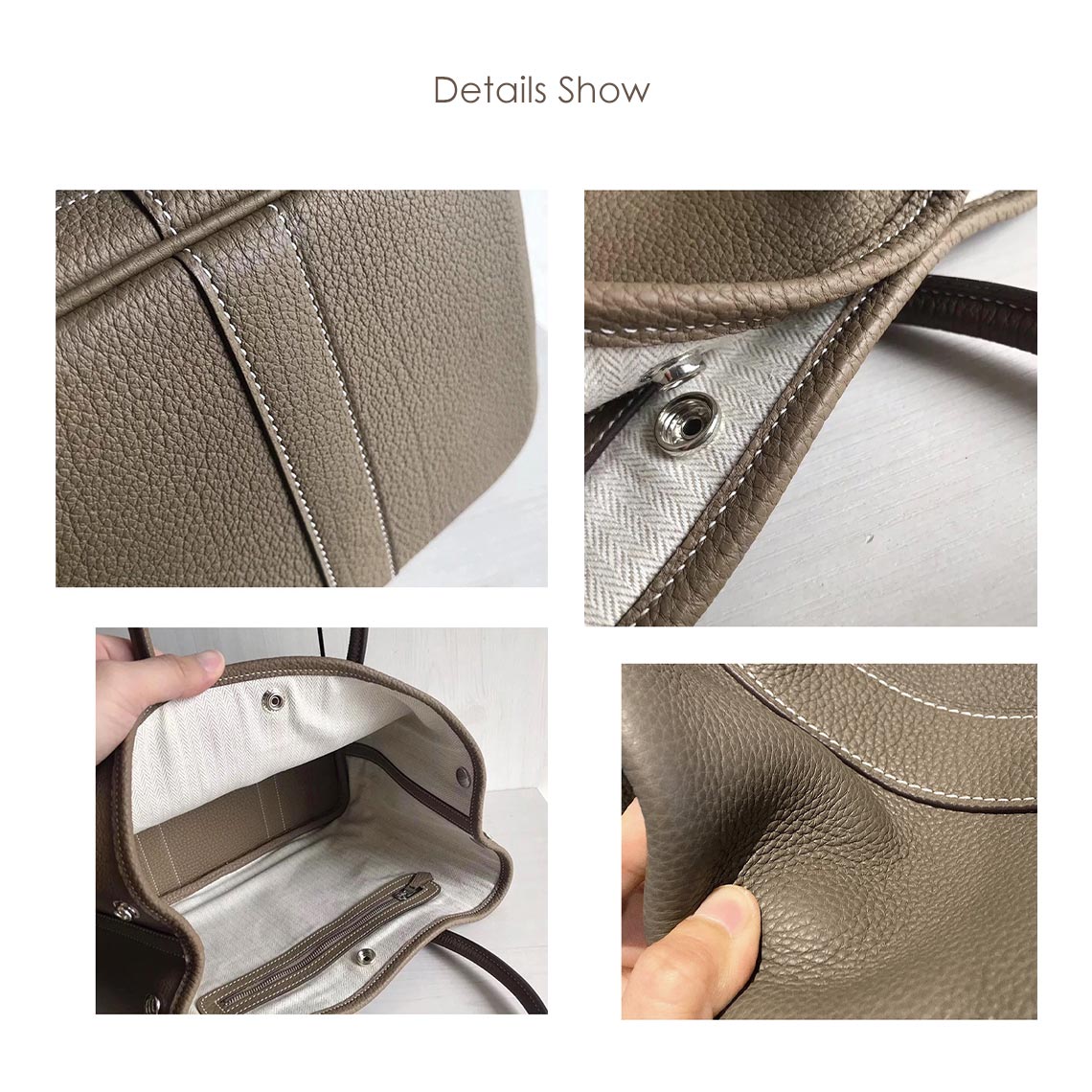 Top Grain Leather Tote Bag with Crossbody Strap – Taupe, Black, Brown detail image 3