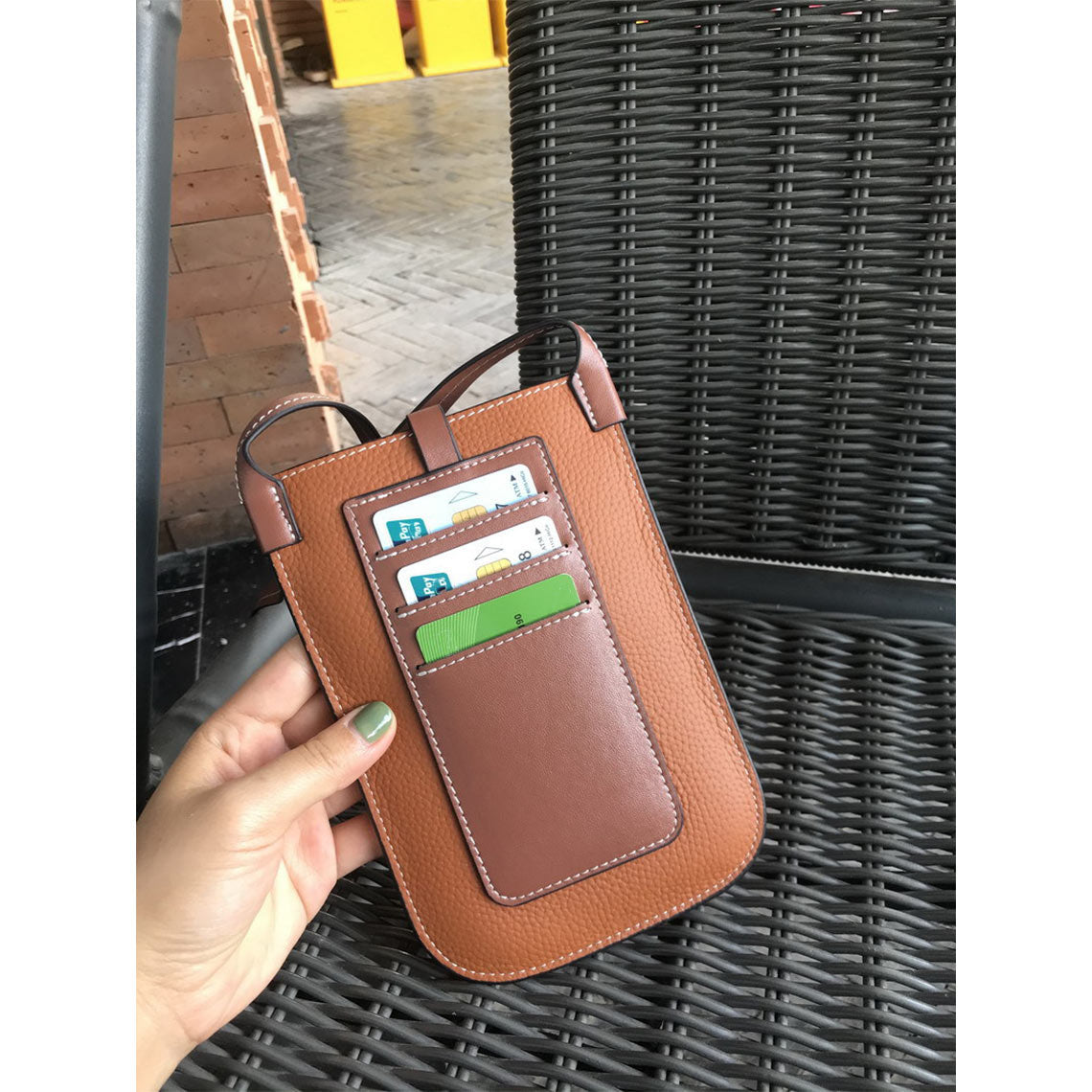 Top Grain Leather Strap Phone Bag in Brown, Khaki, Black, Yellow, Orange detail image 2