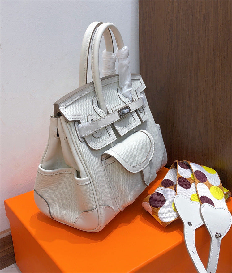 Cargo Top Handle Bag in Smooth Calfskin and Canvas - 25cm and 30cm detail image 6