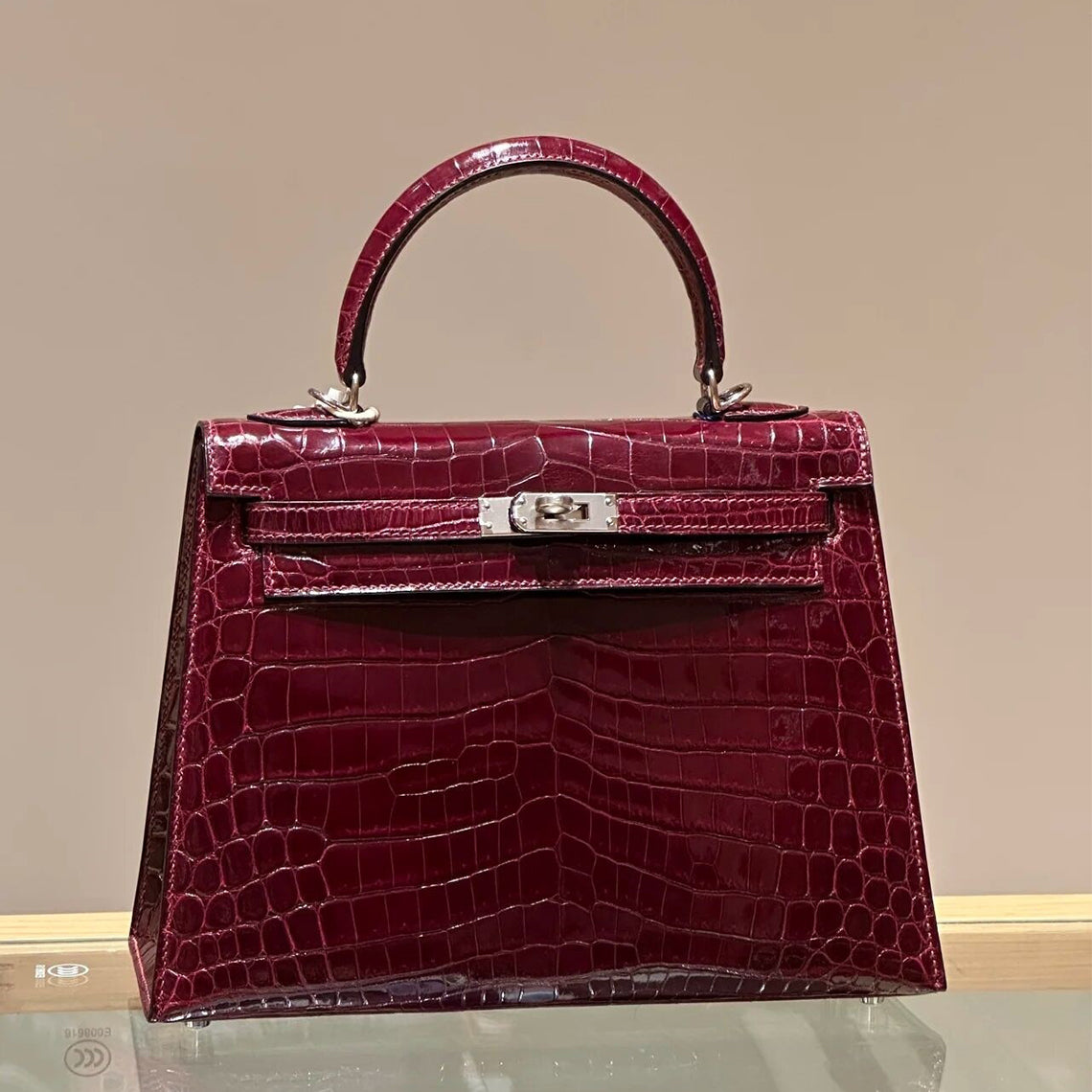 Crocodile Embossed Top Grain Leather Handbag with Silver Hardware detail image 2