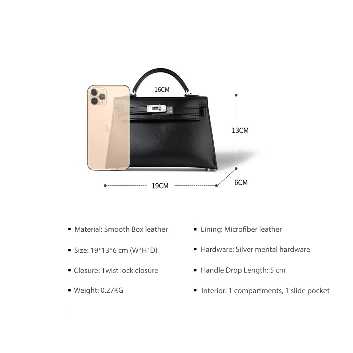 Top Grain Leather Mini Sellier Top Handle Bag - Black and Red detail image 7