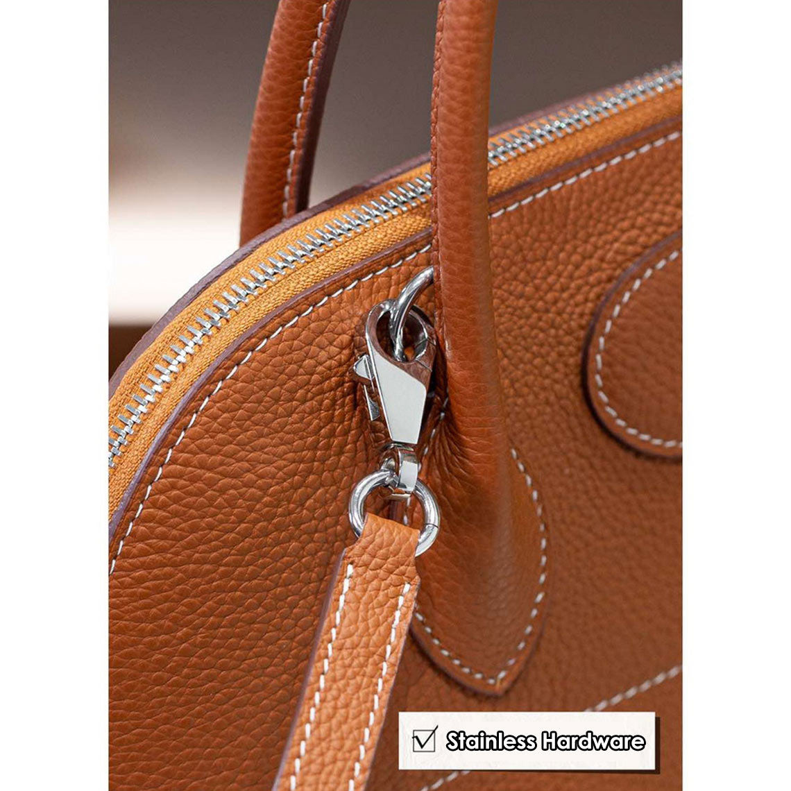 Top Grain Leather Boli Handbag in Blue, Black, Taupe, Gold Brown detail image 15
