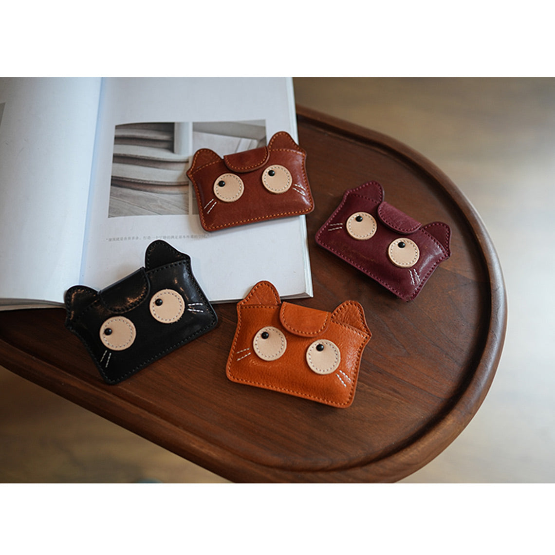 Small Vegetable Tanned Leather Cat Purse with Snap Closure detail image 2