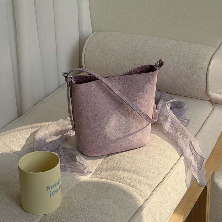 Genuine Leather Mini Bucket Bag with Adjustable Strap | Mint Green, Lilac Purple, Sakura Pink, Yellow detail image 6