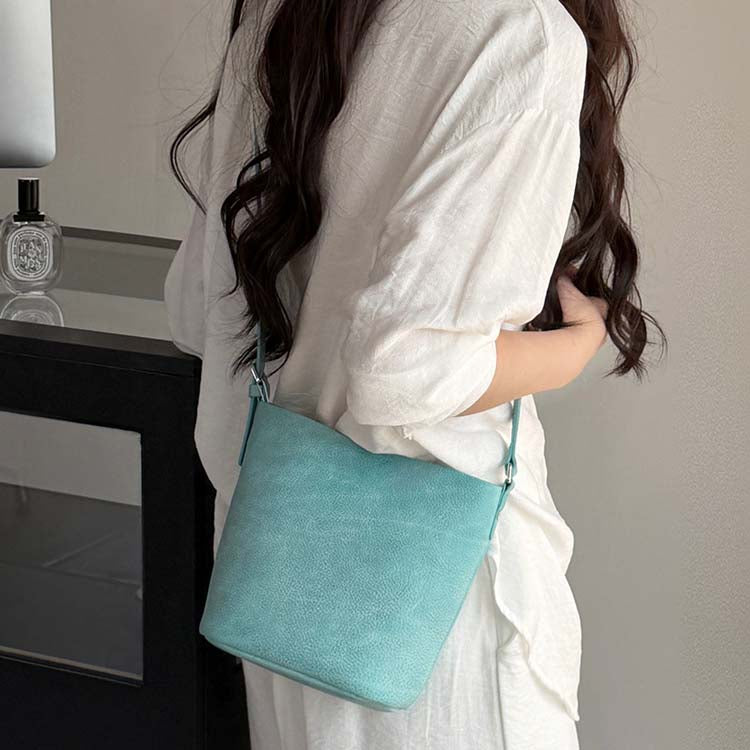 Genuine Leather Mini Bucket Bag with Adjustable Strap | Mint Green, Lilac Purple, Sakura Pink, Yellow detail image 10