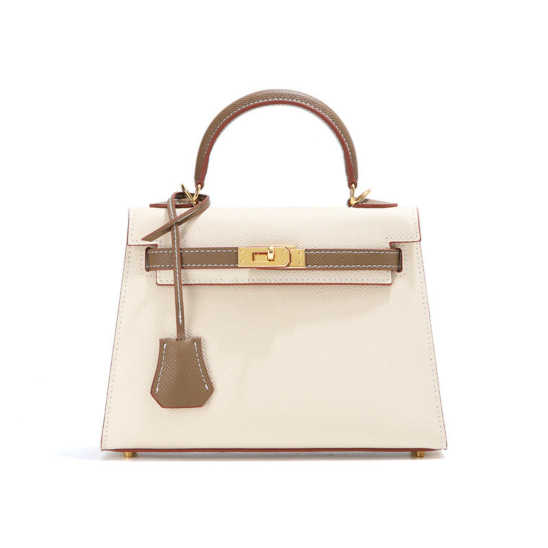 Bi-Color Cowhide Top Handle Bag with Gold-Tone Lock – Coffee / Mlik Tea, 22cm & 25cm detail image 8
