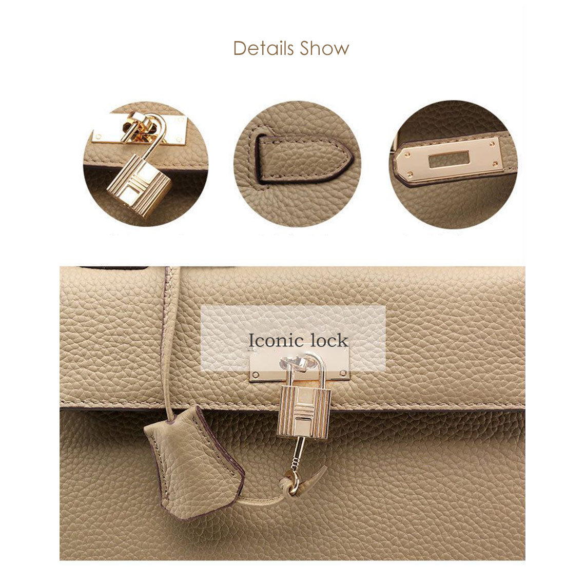 Top Grain Leather Top Handle Bag with Gold Hardware and Lock & Key detail image 11
