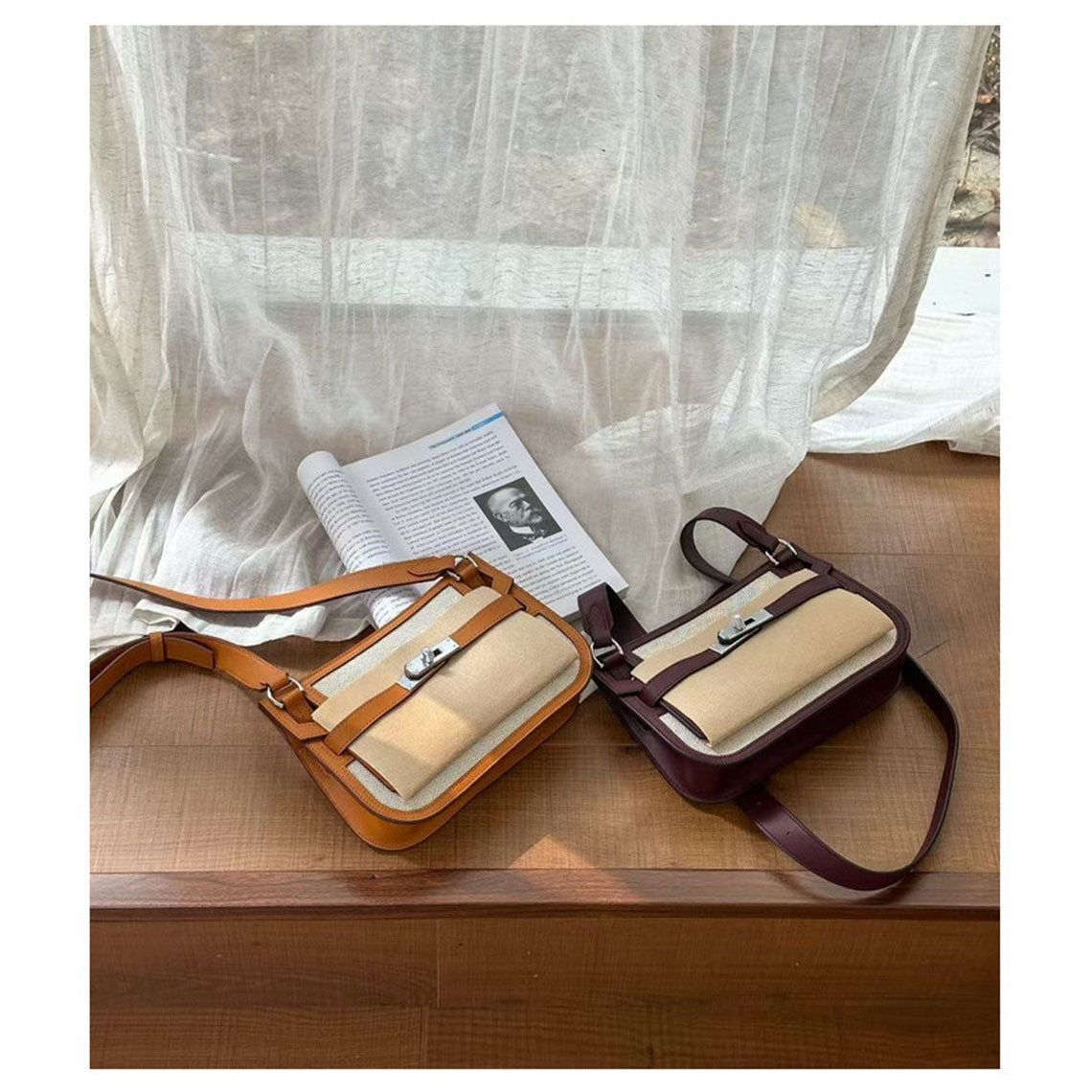 Canvas and Leather Mini Messenger Crossbody Bag in Black, Rouge, Deep Grey, Brown detail image 1