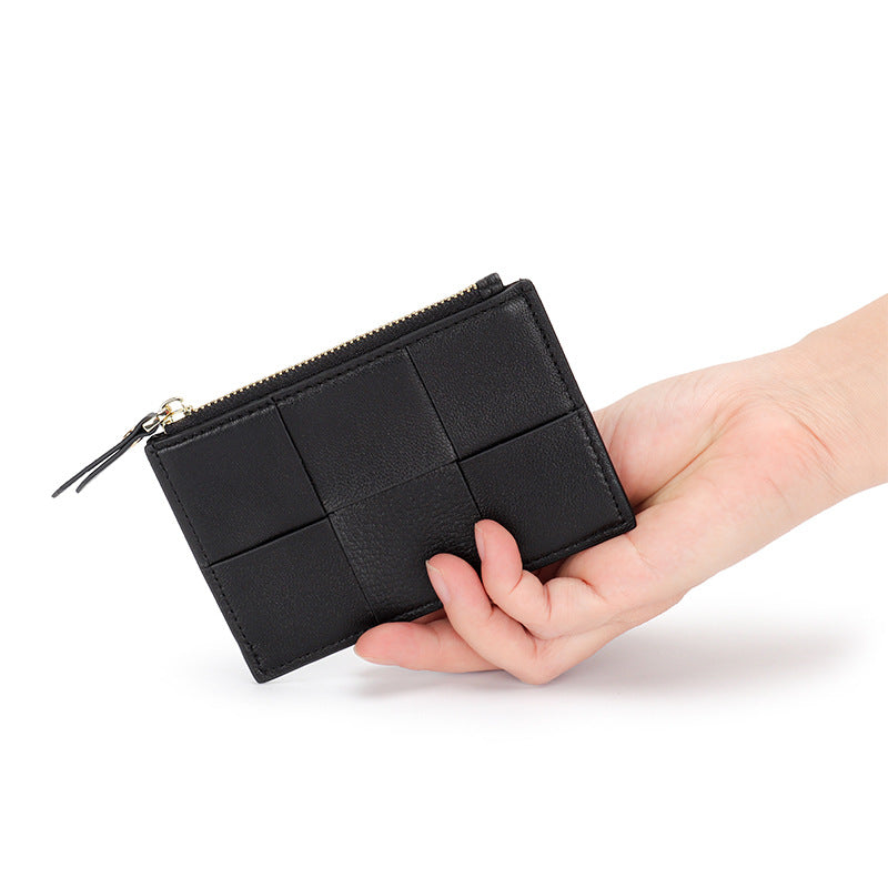 Handmade Woven Sheep Leather Slim Wallet with 4 Card Slots and Zipper Pocket detail image 1