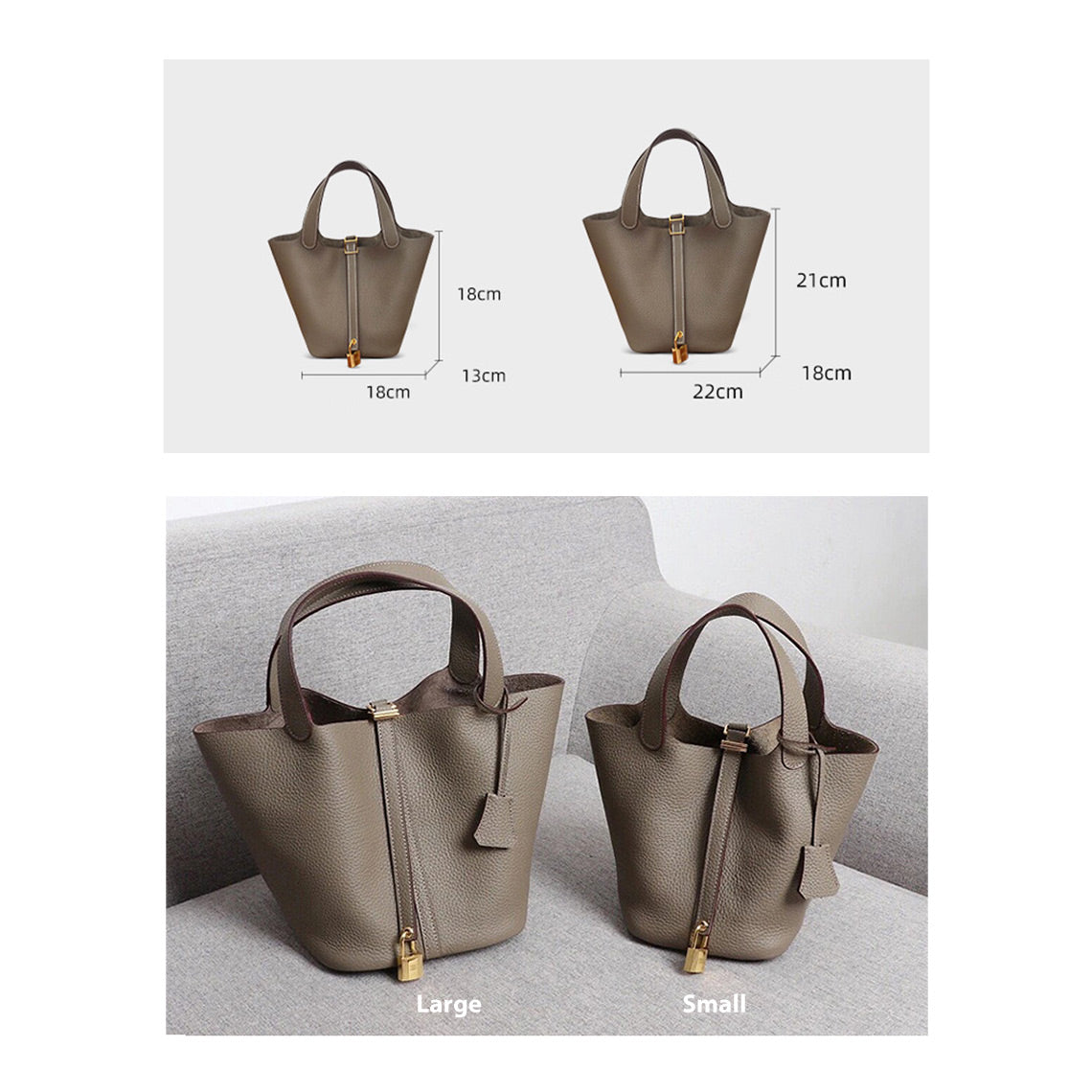 Top Grain Leather Bucket Bag Handbag with Suede Lining - Small and Large Sizes detail image 6