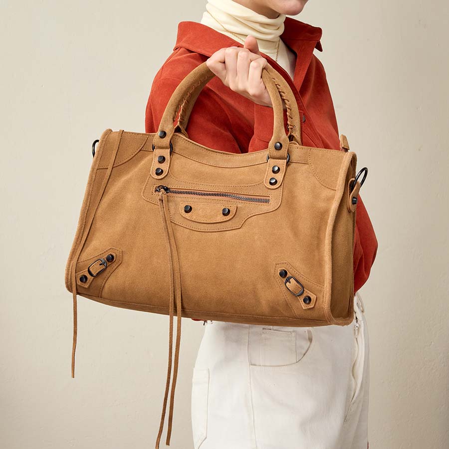 Nubuck Leather Moto City Tote Bag - Large Studded Hobo Purse detail image 3