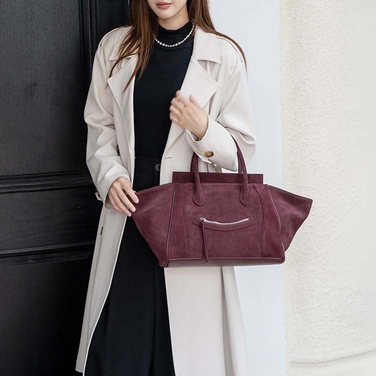 Large Suede Winged Handbag with Smile Zipper – Coffee, Brown, Dark Brown, Black, Wine Red detail image 4