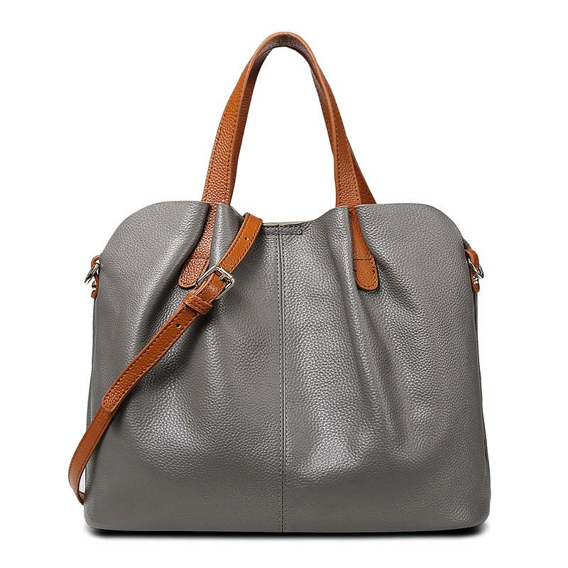 Premium Real Leather Contrast Tote - Large Capacity 2-in-1 Commuter Bag detail image 12