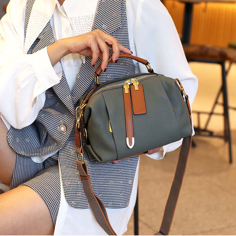 Pebbled Grain Leather Boston Bag | Cowhide Crossbody Satchel detail image 12
