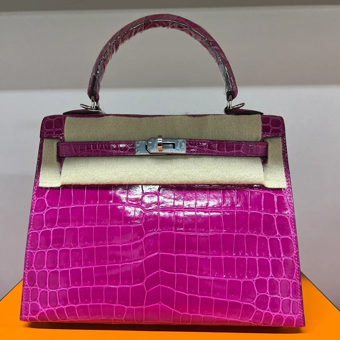 Crocodile Embossed Top Grain Leather Handbag with Silver Hardware detail image 3