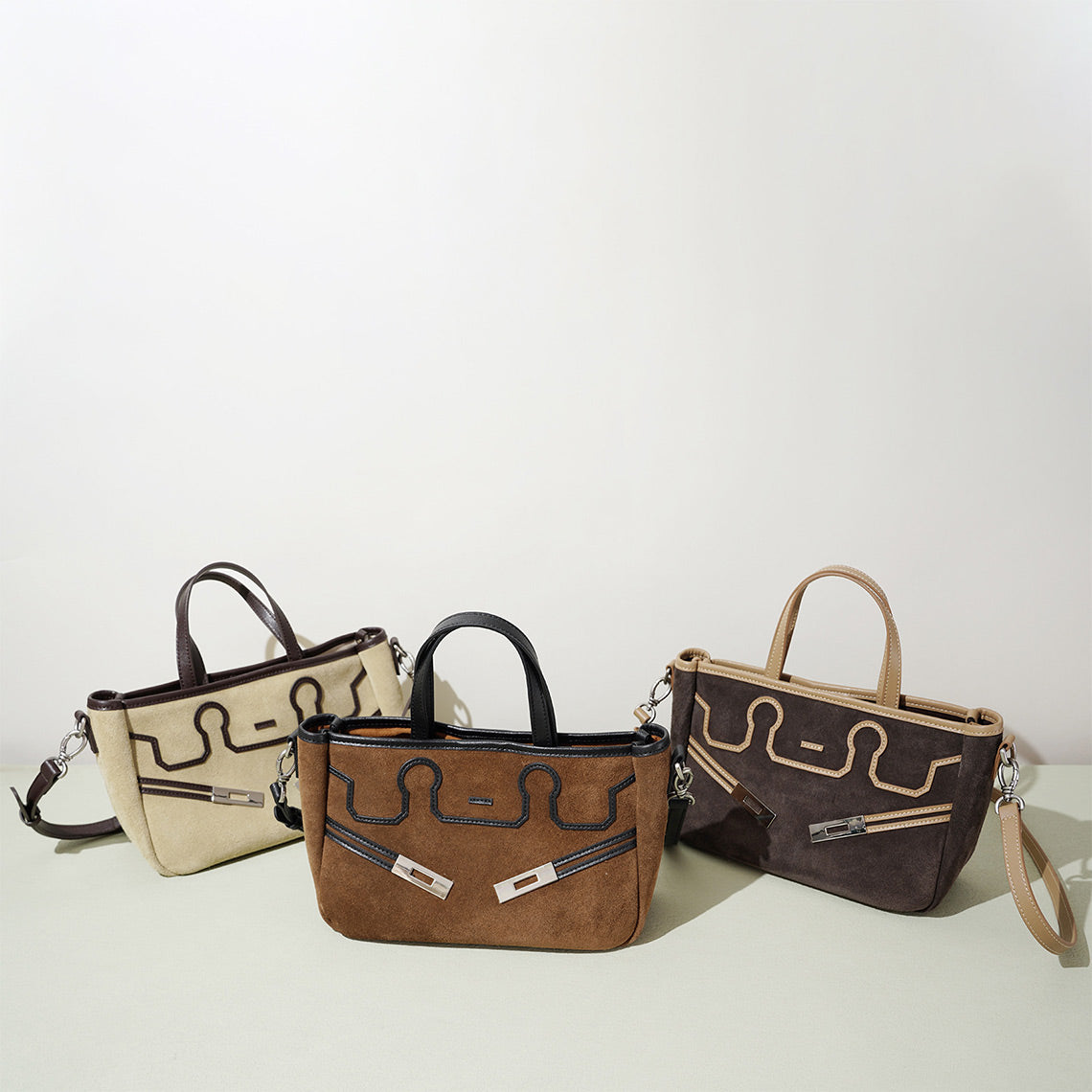 Suede Leather Heritage Tote Bag in Brown, Beige, and Dark Brown detail image 10