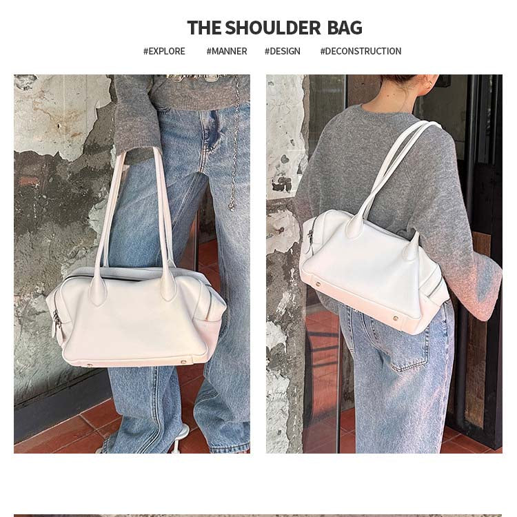 Genuine Leather Boston Bag | Large Capacity Underarm Tote & Bowling Shoulder Bag detail image 5