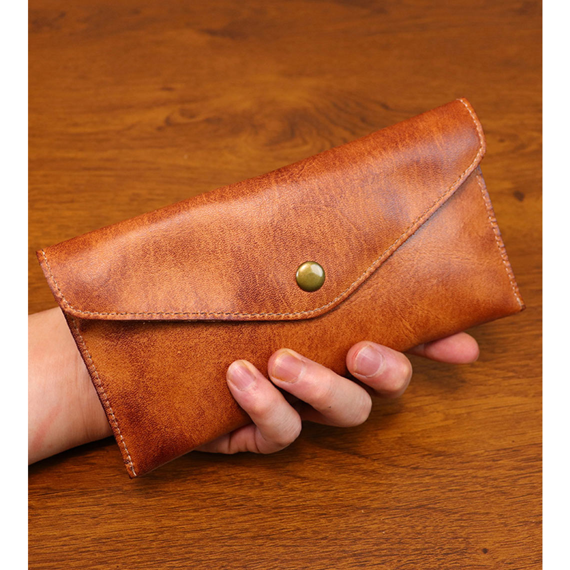 Vegetable Tanned Leather Envelope Wallet with Snap Pocket detail image 2