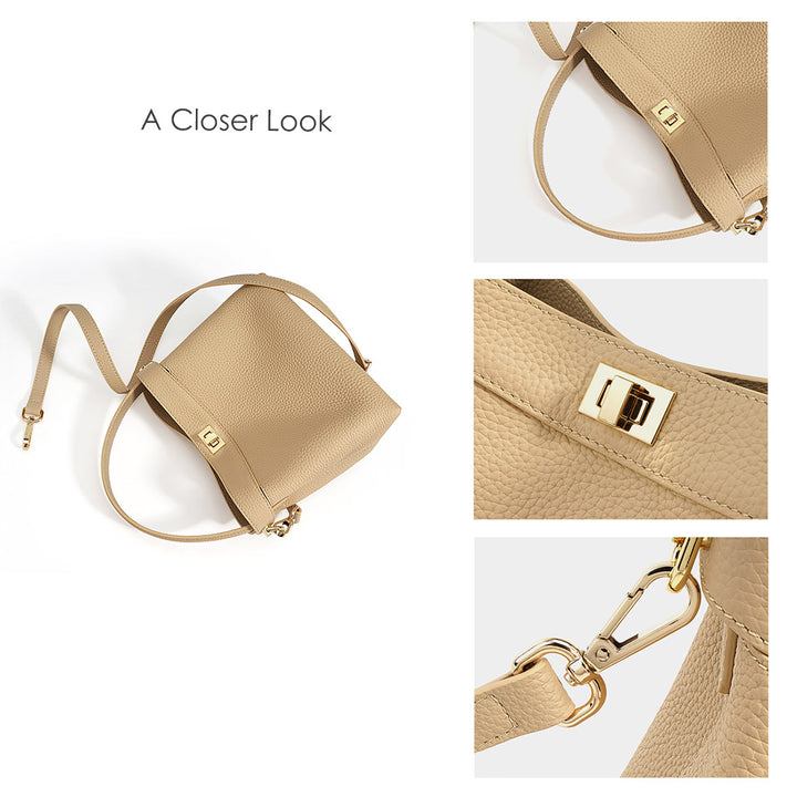 Pebbled Grain Leather Small Bucket Bag with Top Handle and Adjustable Strap detail image 2