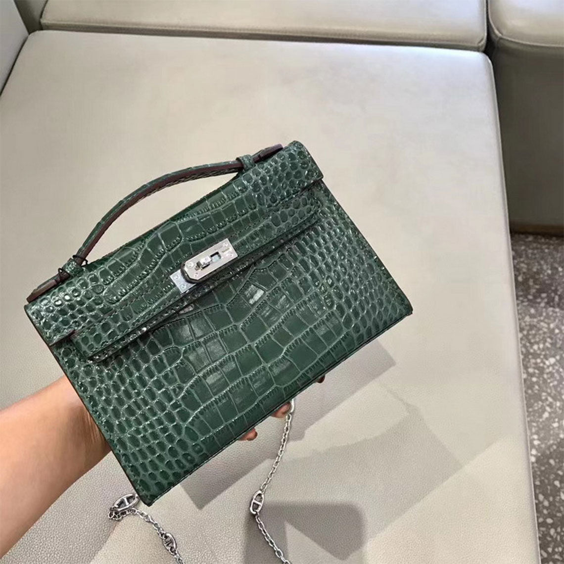 Top Grain Leather Top Handle Clutch Bag with Detachable Chain detail image 7
