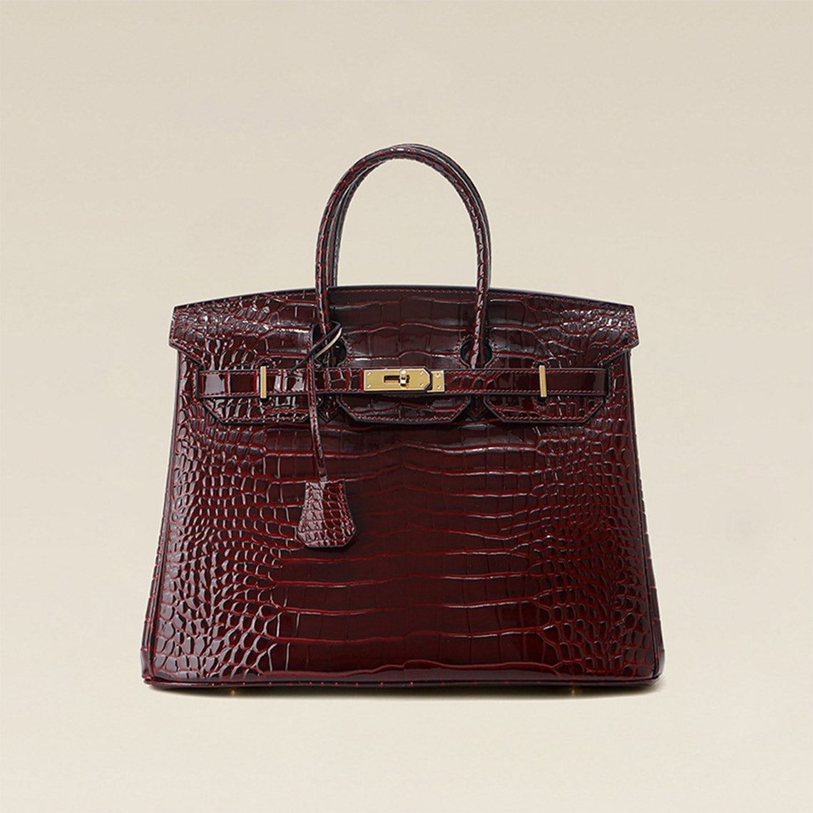 Crocodile Embossed Leather Handbag – Black and Rouge detail image 2