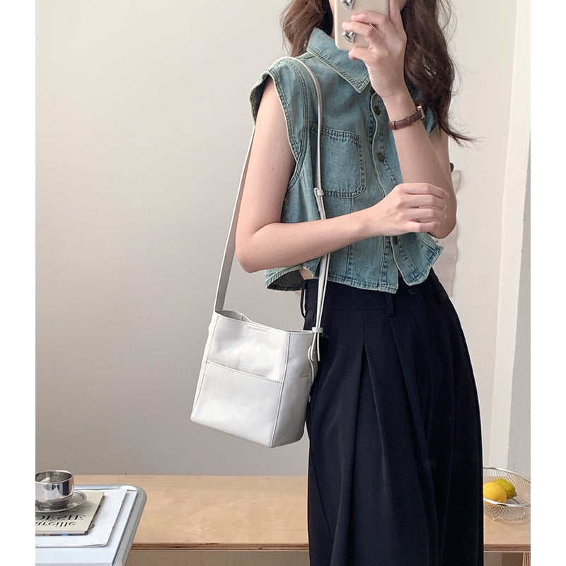 Vintage Vegetable Tanned Leather Bucket Bag - Minimalist Crossbody detail image 6