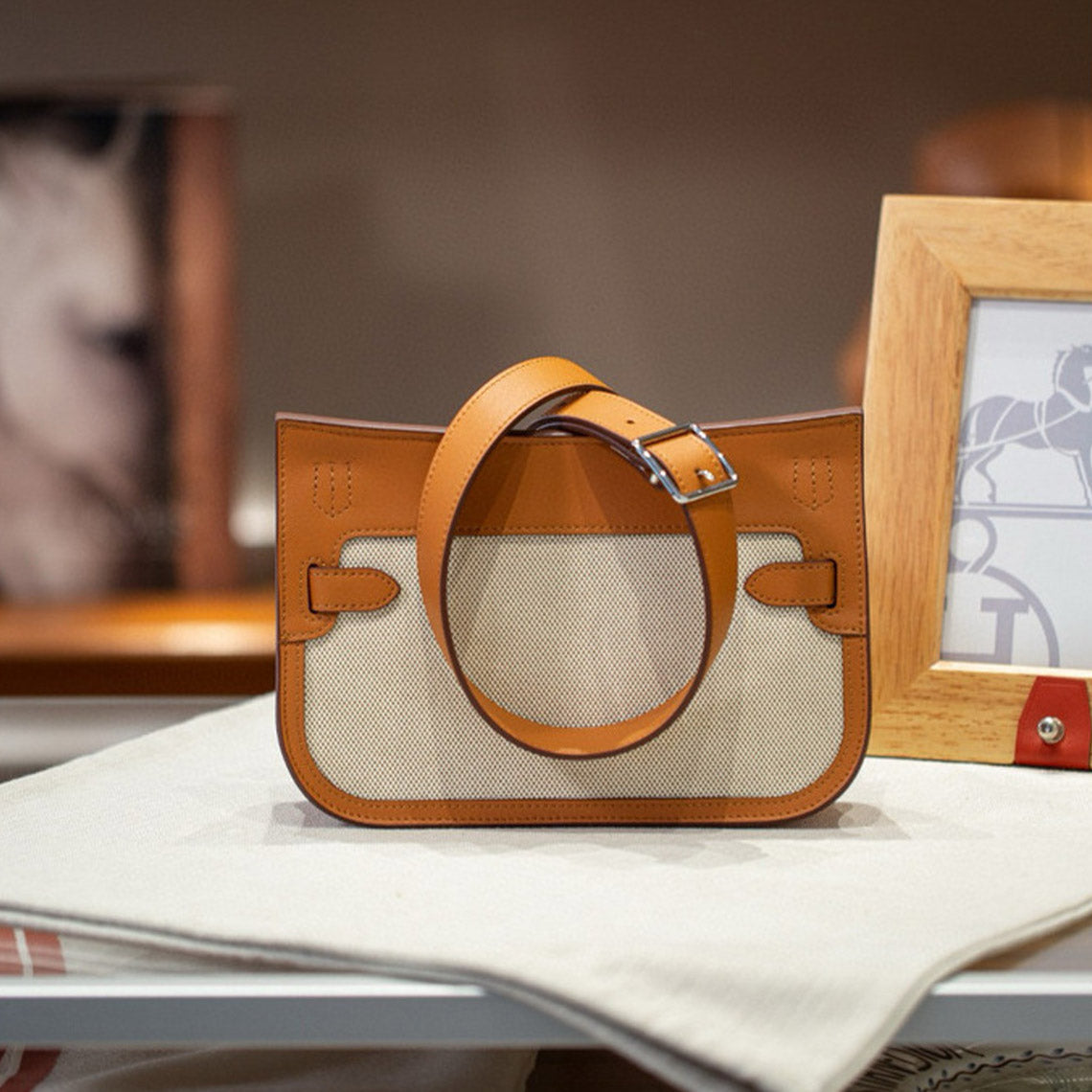 Canvas and Leather Mini Messenger Crossbody Bag in Black, Rouge, Deep Grey, Brown detail image 4