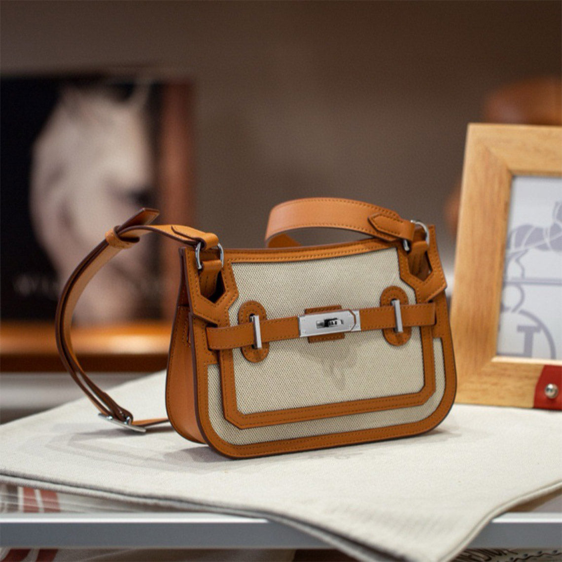 Canvas and Leather Mini Messenger Crossbody Bag in Black, Rouge, Deep Grey, Brown detail image 6