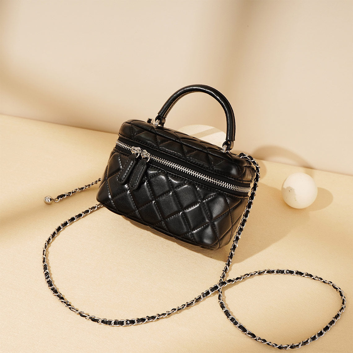 Quilted Leather Mini Box Bag with Chain Strap detail image 1
