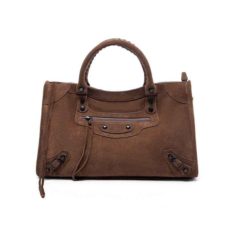 Nubuck Leather Moto City Tote Bag - Large Studded Hobo Purse detail image 12