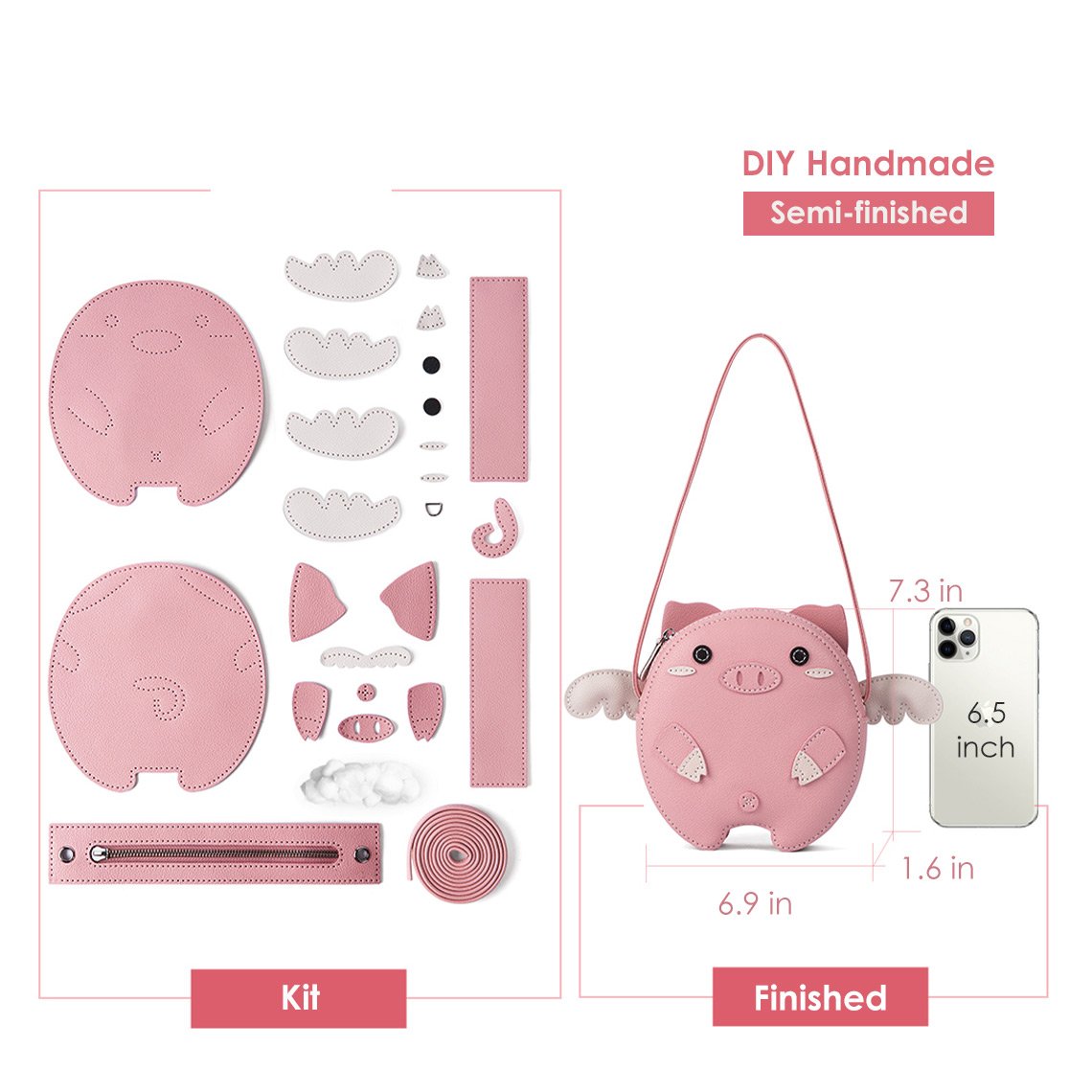 Handsew Gift Leather DIY Kit – Flying Pig Crossbody Bag (Pink/White, Big/Small) product image 1
