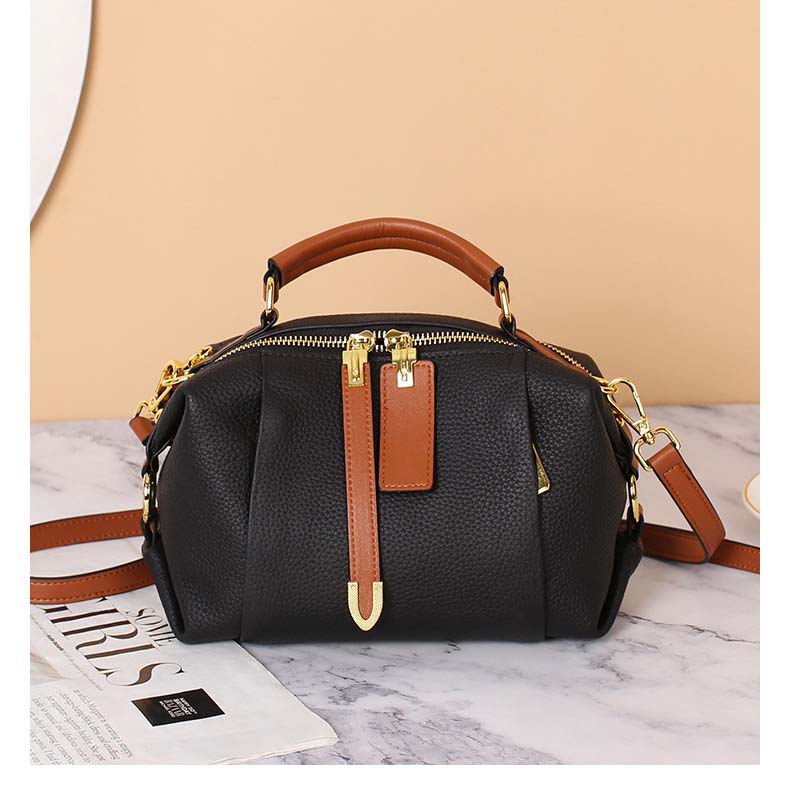 Pebbled Grain Leather Boston Bag | Cowhide Crossbody Satchel detail image 4