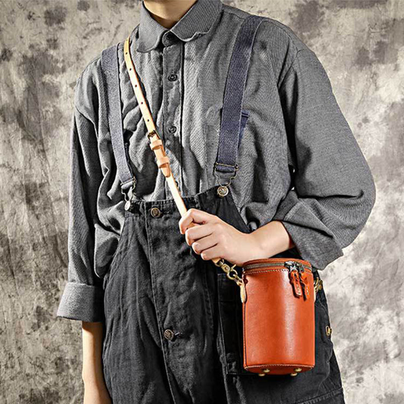 Small Vegetable Tanned Leather Bucket Bag with Adjustable Strap detail image 1
