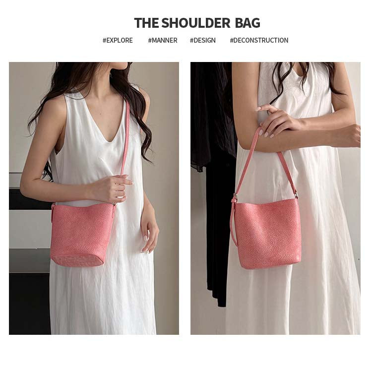 Genuine Leather Mini Bucket Bag with Adjustable Strap | Mint Green, Lilac Purple, Sakura Pink, Yellow detail image 8