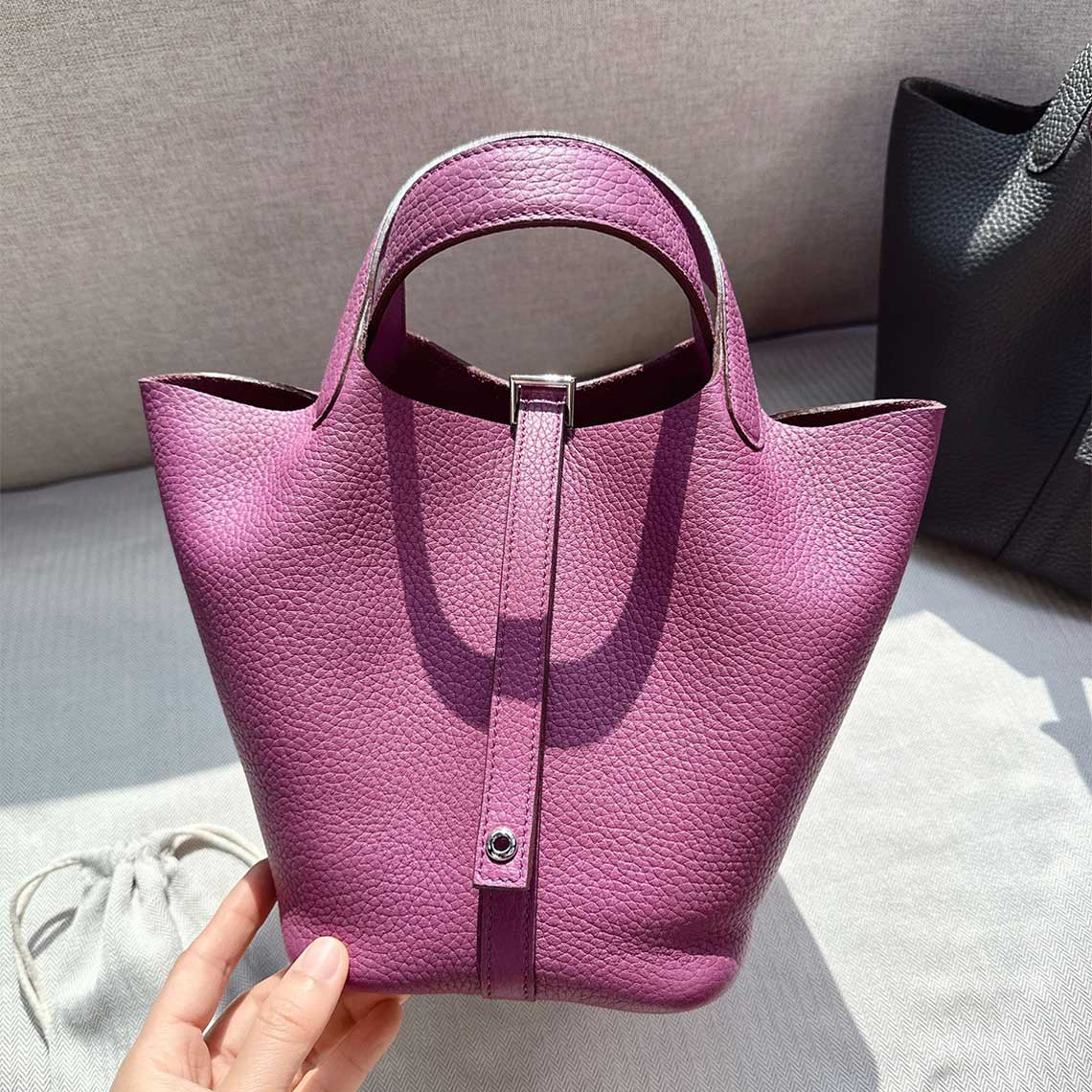 Top Grain Leather Bucket Bag with Lock Design - Small, Multiple Colors & Hardware Options detail image 5