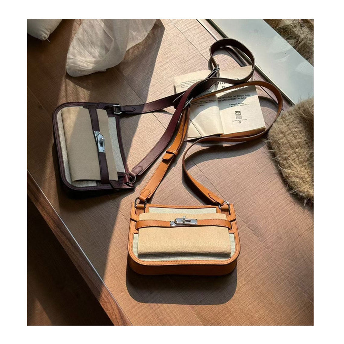 Canvas and Leather Mini Messenger Crossbody Bag in Black, Rouge, Deep Grey, Brown detail image 5