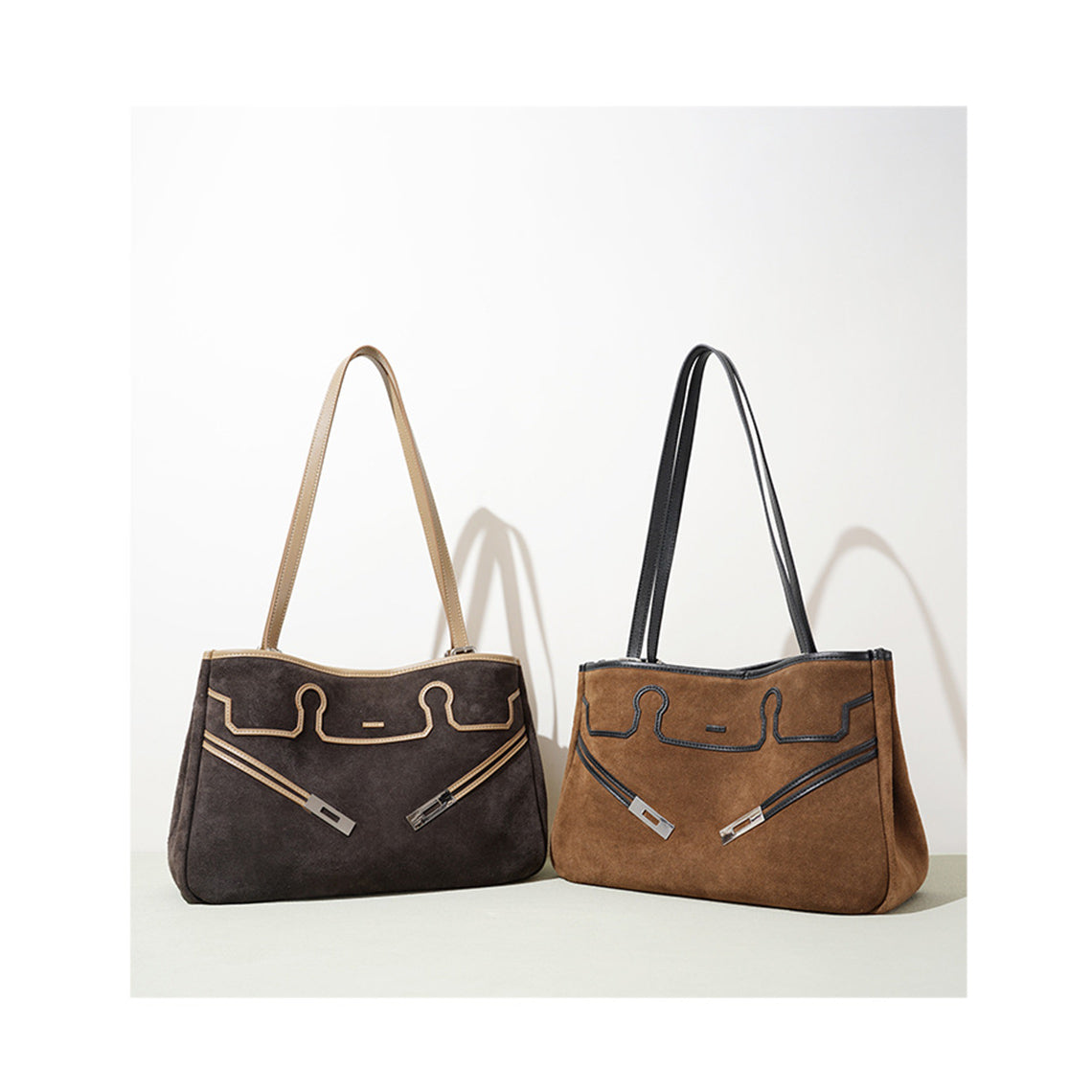Suede Leather Heritage Tote Bag in Brown, Beige, and Dark Brown detail image 7
