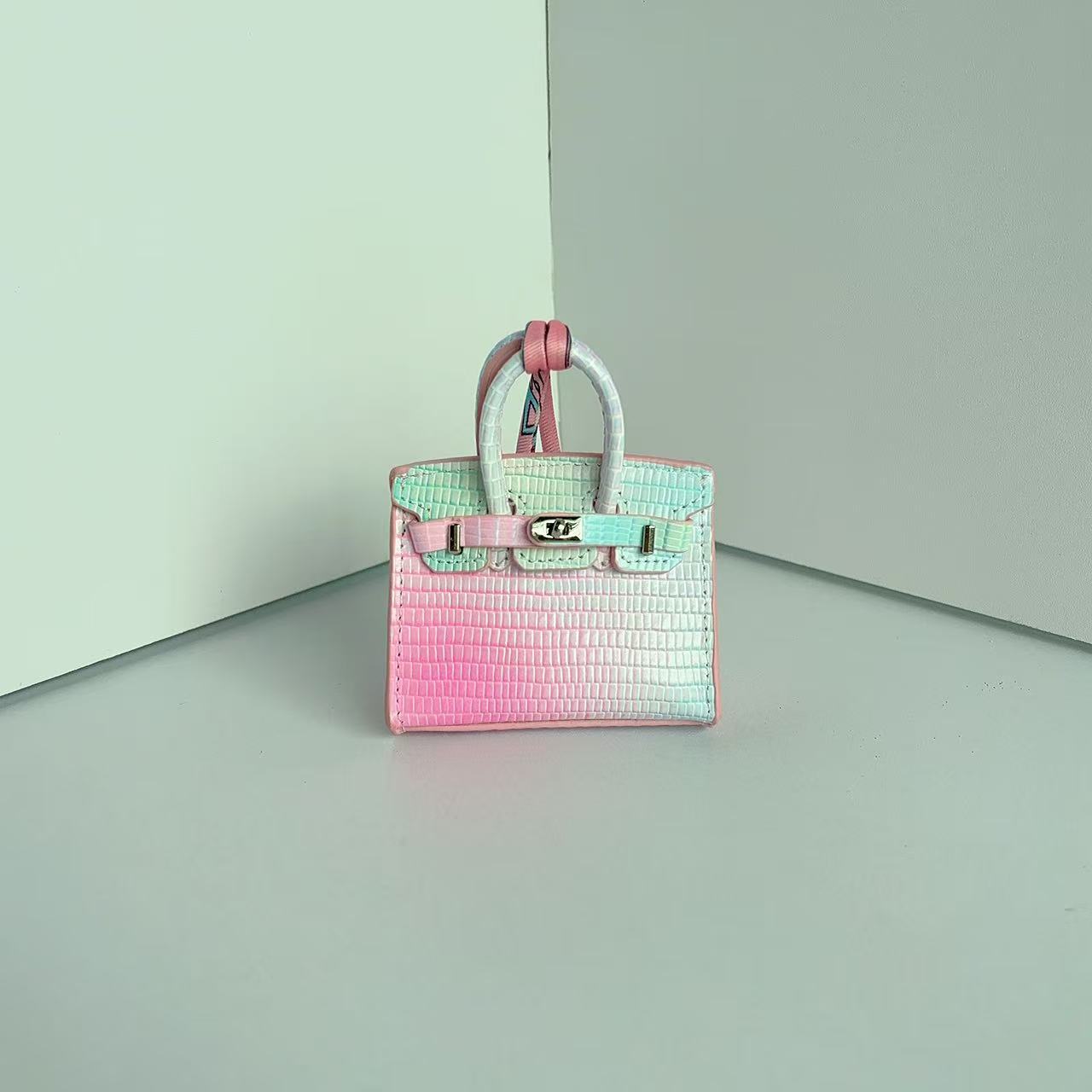 Mini Top Handle Bag Charm Keychain – Real Leather Earphone Case in Gradient & Speckle Colors detail image 4